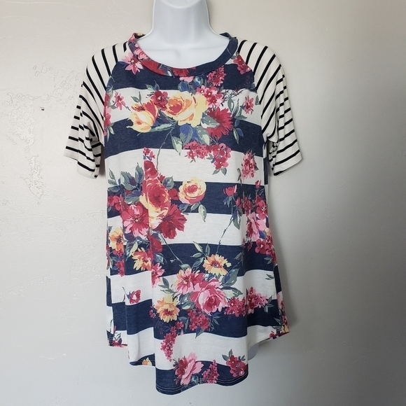 12 PM by Mon Ami Medium Short Sleeve Shirt Navy Blue White Stripes Floral Top - Picture 1 of 7
